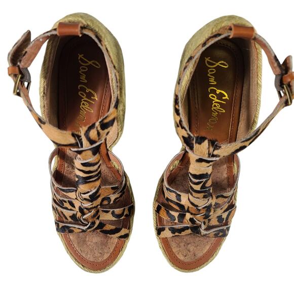 Sam Edelman Brown Black Leopard Platform Wedge Strappy Sandals Shoes 7 M - Picture 2 of 6